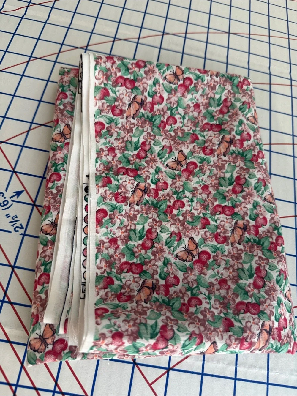 Vintage 1990s Cotton Blend Fabric 2 Yards x 44 Apple Floral Butterfly Print